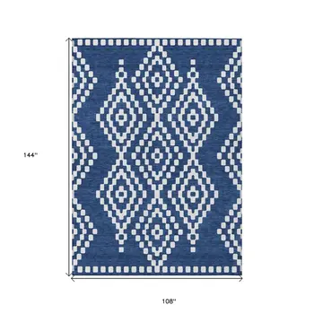 9' X 12' Navy Blue And Ivory Geometric Washable Indoor Outdoor Area Rug