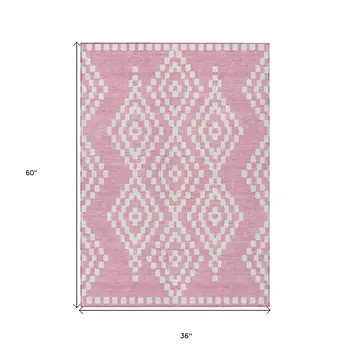 3' X 5' Pink And Ivory Geometric Washable Indoor Outdoor Area Rug