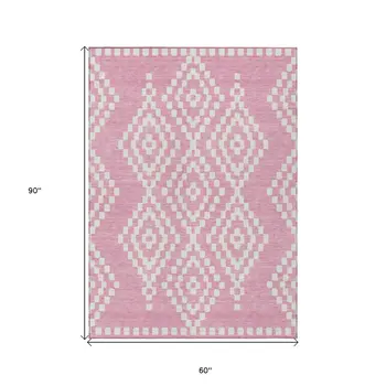 5' X 8' Pink And Ivory Geometric Washable Indoor Outdoor Area Rug
