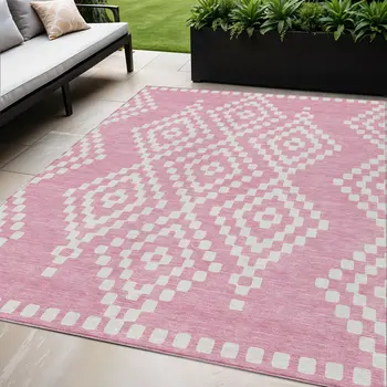 5' X 8' Pink And Ivory Geometric Washable Indoor Outdoor Area Rug