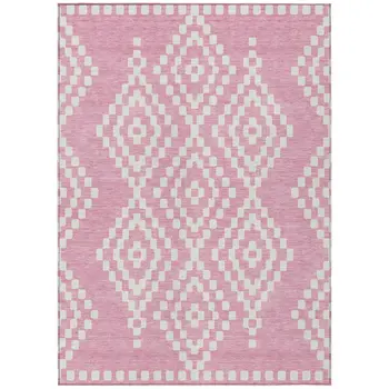 5' X 8' Pink And Ivory Geometric Washable Indoor Outdoor Area Rug