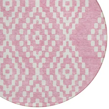 8' Pink And Ivory Round Geometric Washable Indoor Outdoor Area Rug