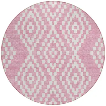 8' Pink And Ivory Round Geometric Washable Indoor Outdoor Area Rug
