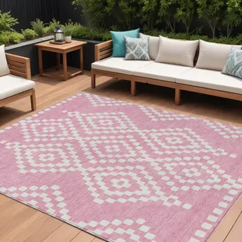 8' X 10' Pink And Ivory Geometric Washable Indoor Outdoor Area Rug