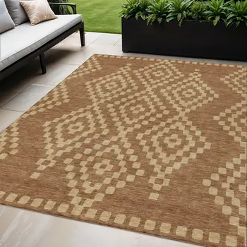 5' X 8' Brown And Beige Geometric Washable Indoor Outdoor Area Rug
