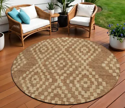 8' Brown And Beige Round Geometric Washable Indoor Outdoor Area Rug