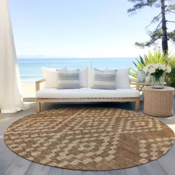 8' Brown And Beige Round Geometric Washable Indoor Outdoor Area Rug