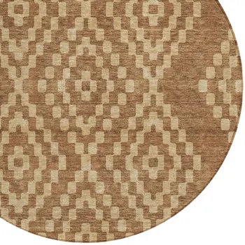 8' Brown And Beige Round Geometric Washable Indoor Outdoor Area Rug