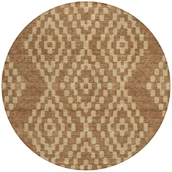 8' Brown And Beige Round Geometric Washable Indoor Outdoor Area Rug