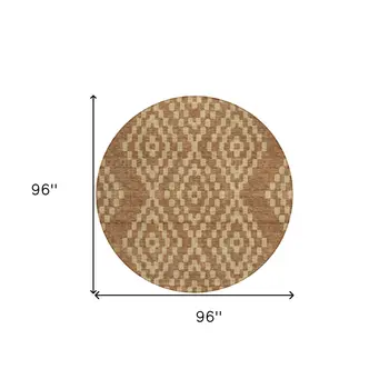8' Brown And Beige Round Geometric Washable Indoor Outdoor Area Rug