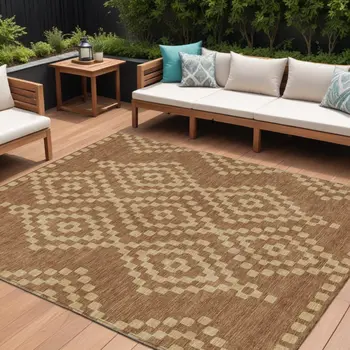 10' X 14' Brown And Beige Geometric Washable Indoor Outdoor Area Rug