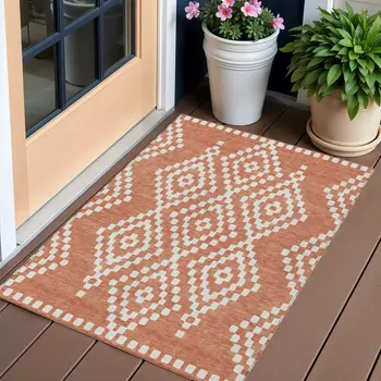 3' X 5' Salmon And Ivory Geometric Washable Indoor Outdoor Area Rug