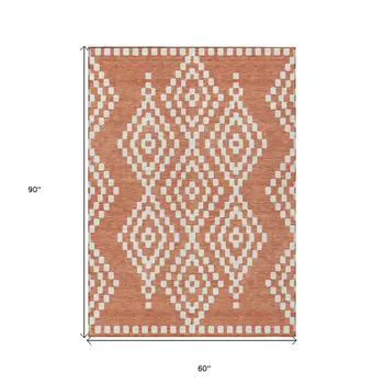 5' X 8' Salmon And Ivory Geometric Washable Indoor Outdoor Area Rug