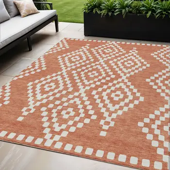 5' X 8' Salmon And Ivory Geometric Washable Indoor Outdoor Area Rug