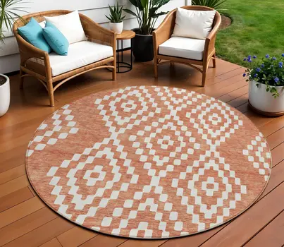 8' Salmon And Ivory Round Geometric Washable Indoor Outdoor Area Rug