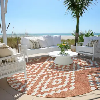 8' Salmon And Ivory Round Geometric Washable Indoor Outdoor Area Rug