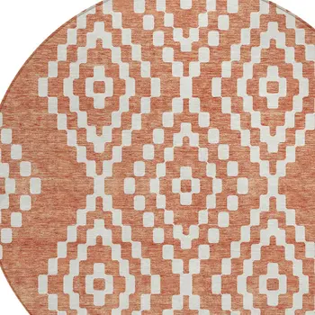 8' Salmon And Ivory Round Geometric Washable Indoor Outdoor Area Rug