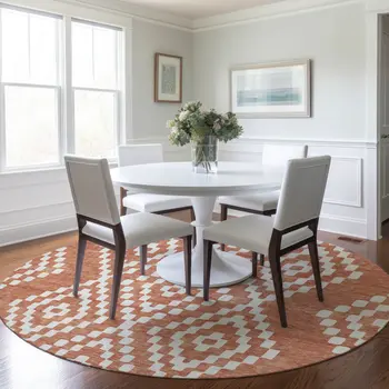 8' Salmon And Ivory Round Geometric Washable Indoor Outdoor Area Rug