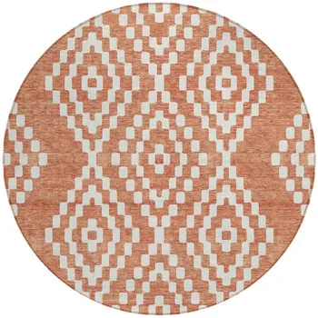 8' Salmon And Ivory Round Geometric Washable Indoor Outdoor Area Rug