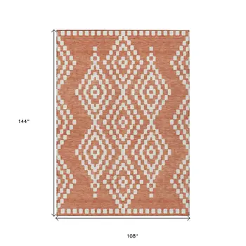 9' X 12' Salmon And Ivory Geometric Washable Indoor Outdoor Area Rug