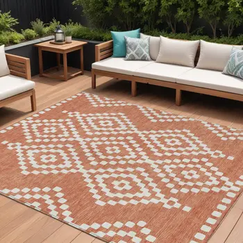 9' X 12' Salmon And Ivory Geometric Washable Indoor Outdoor Area Rug