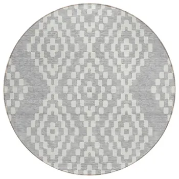 8' Silver And Ivory Round Geometric Washable Indoor Outdoor Area Rug