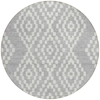 8' Silver And Ivory Round Geometric Washable Indoor Outdoor Area Rug