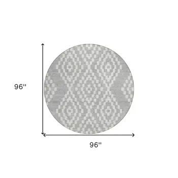 8' Silver And Ivory Round Geometric Washable Indoor Outdoor Area Rug