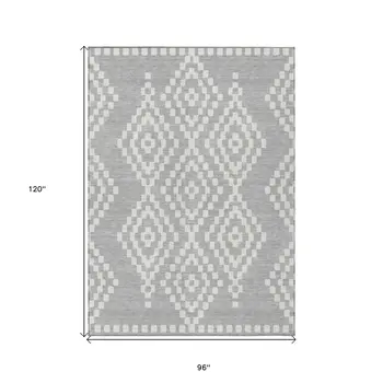 8' X 10' Silver And Ivory Geometric Washable Indoor Outdoor Area Rug
