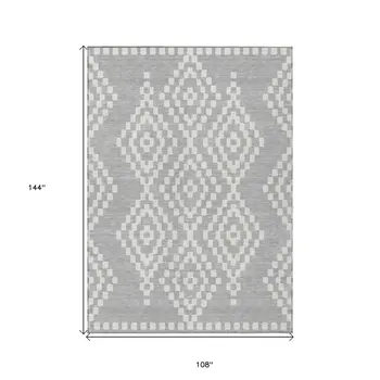 9' X 12' Silver And Ivory Geometric Washable Indoor Outdoor Area Rug