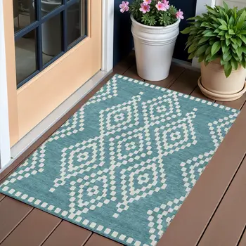 3' X 5' Teal Blue And Ivory Geometric Washable Indoor Outdoor Area Rug