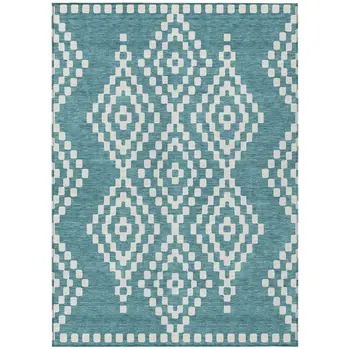 3' X 5' Teal Blue And Ivory Geometric Washable Indoor Outdoor Area Rug