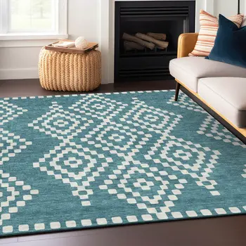 3' X 5' Teal Blue And Ivory Geometric Washable Indoor Outdoor Area Rug