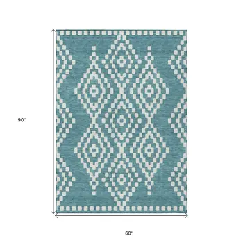 5' X 8' Teal Blue And Ivory Geometric Washable Indoor Outdoor Area Rug