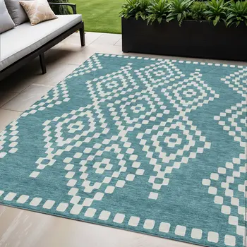 5' X 8' Teal Blue And Ivory Geometric Washable Indoor Outdoor Area Rug
