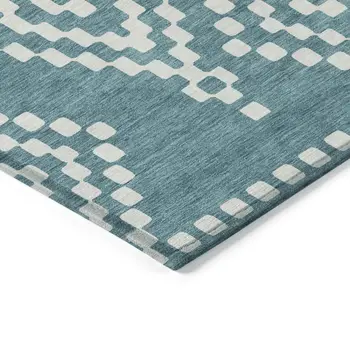 5' X 8' Teal Blue And Ivory Geometric Washable Indoor Outdoor Area Rug