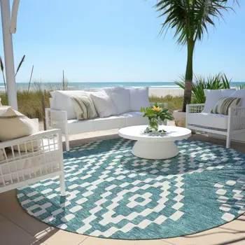 8' Teal Blue And Ivory Round Geometric Washable Indoor Outdoor Area Rug