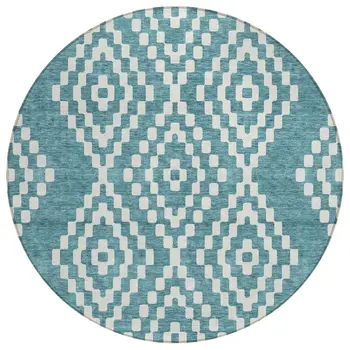 8' Teal Blue And Ivory Round Geometric Washable Indoor Outdoor Area Rug