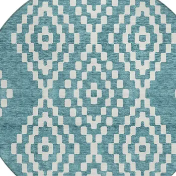 8' Teal Blue And Ivory Round Geometric Washable Indoor Outdoor Area Rug