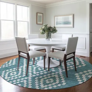 8' Teal Blue And Ivory Round Geometric Washable Indoor Outdoor Area Rug