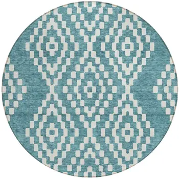 8' Teal Blue And Ivory Round Geometric Washable Indoor Outdoor Area Rug