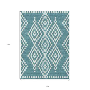 8' X 10' Teal Blue And Ivory Geometric Washable Indoor Outdoor Area Rug