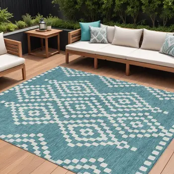 8' X 10' Teal Blue And Ivory Geometric Washable Indoor Outdoor Area Rug