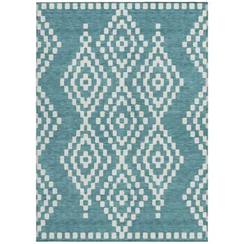 9' X 12' Teal Blue And Ivory Geometric Washable Indoor Outdoor Area Rug