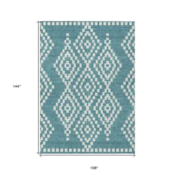 9' X 12' Teal Blue And Ivory Geometric Washable Indoor Outdoor Area Rug