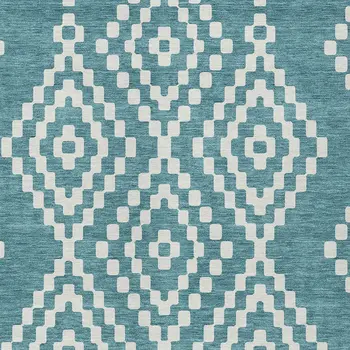9' X 12' Teal Blue And Ivory Geometric Washable Indoor Outdoor Area Rug