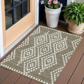 3' X 5' Taupe And Ivory Geometric Washable Indoor Outdoor Area Rug