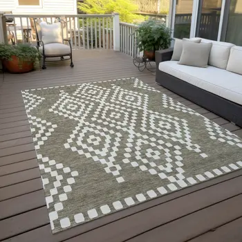 3' X 5' Taupe And Ivory Geometric Washable Indoor Outdoor Area Rug