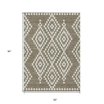 5' X 8' Taupe And Ivory Geometric Washable Indoor Outdoor Area Rug