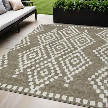 5' X 8' Taupe And Ivory Geometric Washable Indoor Outdoor Area Rug